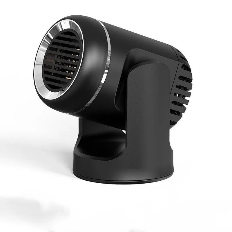 Black and white 12V car heater and defroster with hot cold warm settings for vehicle use