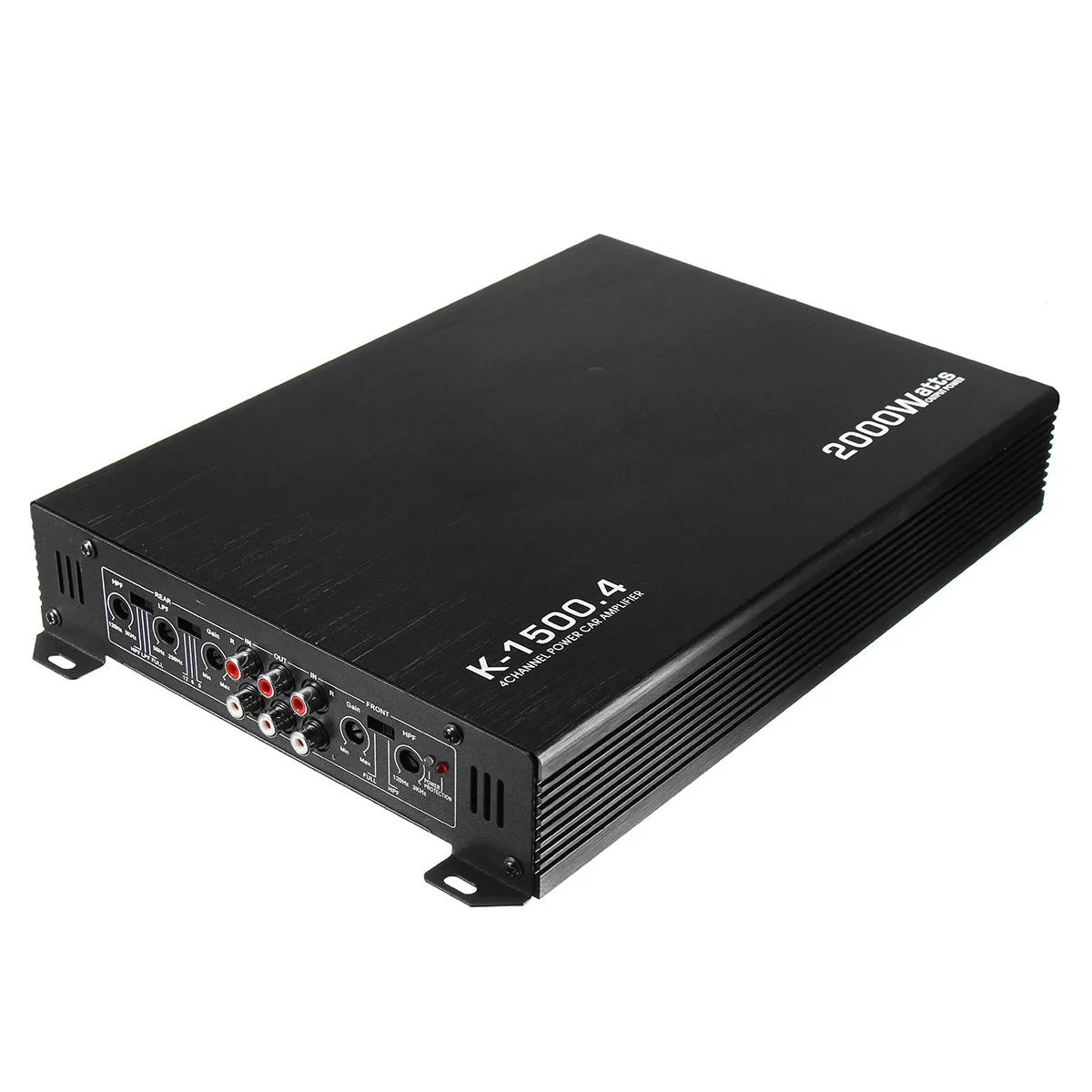 12V 4-channel 2000W AB class car audio power amplifier in black with slim chassis