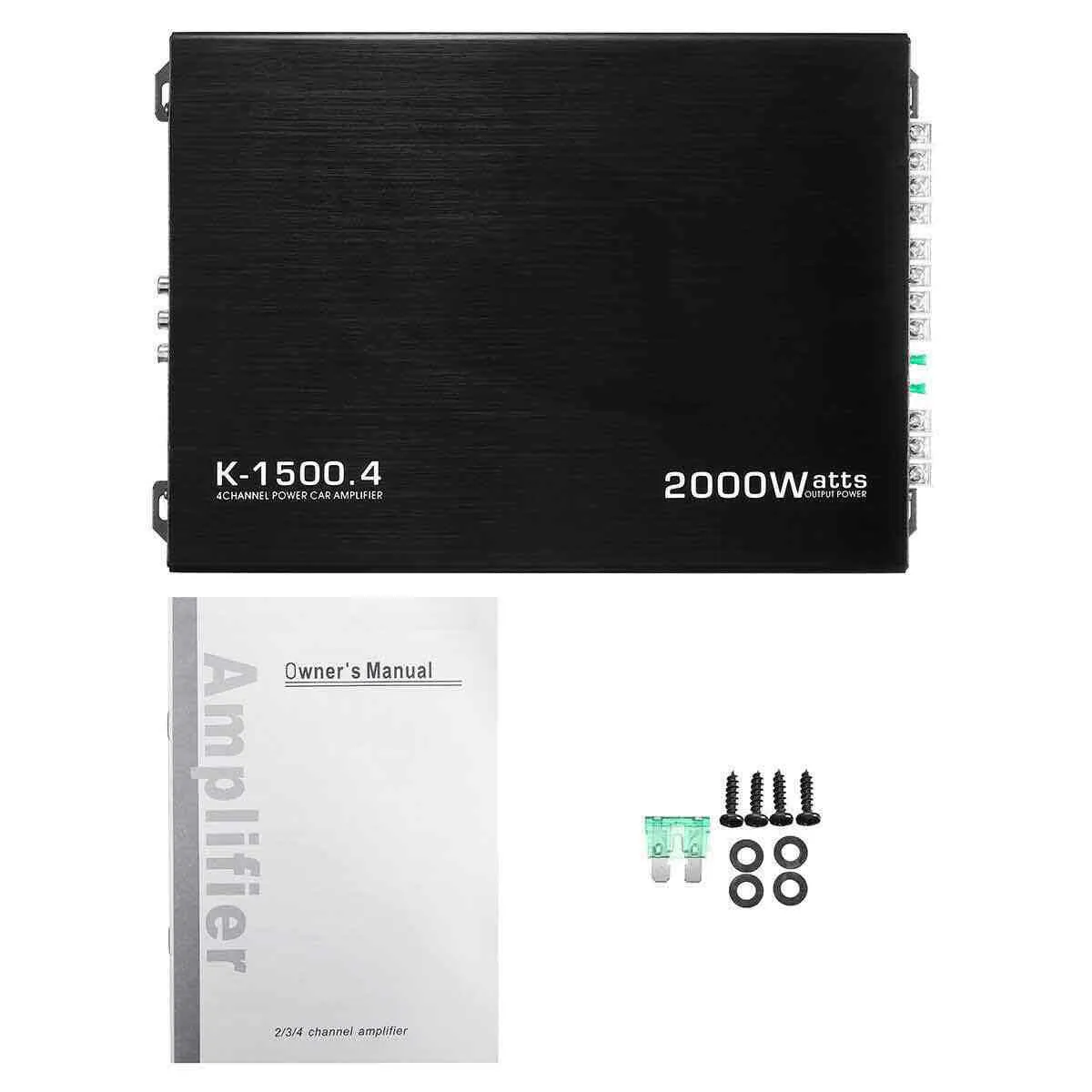 12V 4-channel 2000W AB class car audio power amplifier in black with slim chassis