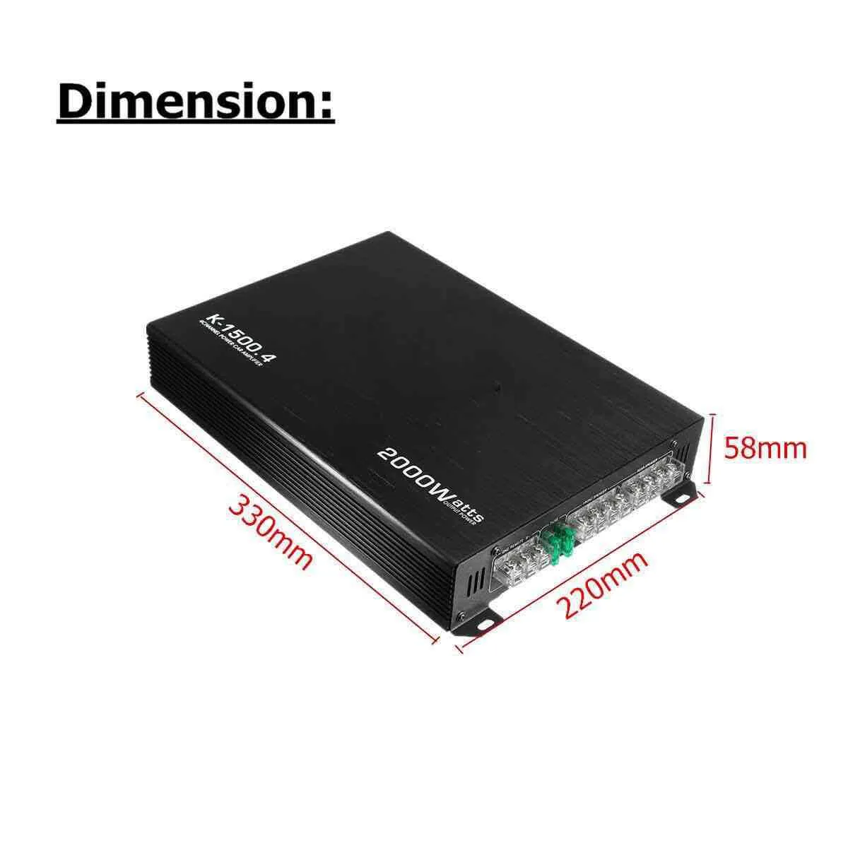 12V 4-channel 2000W AB class car audio power amplifier in black with slim chassis