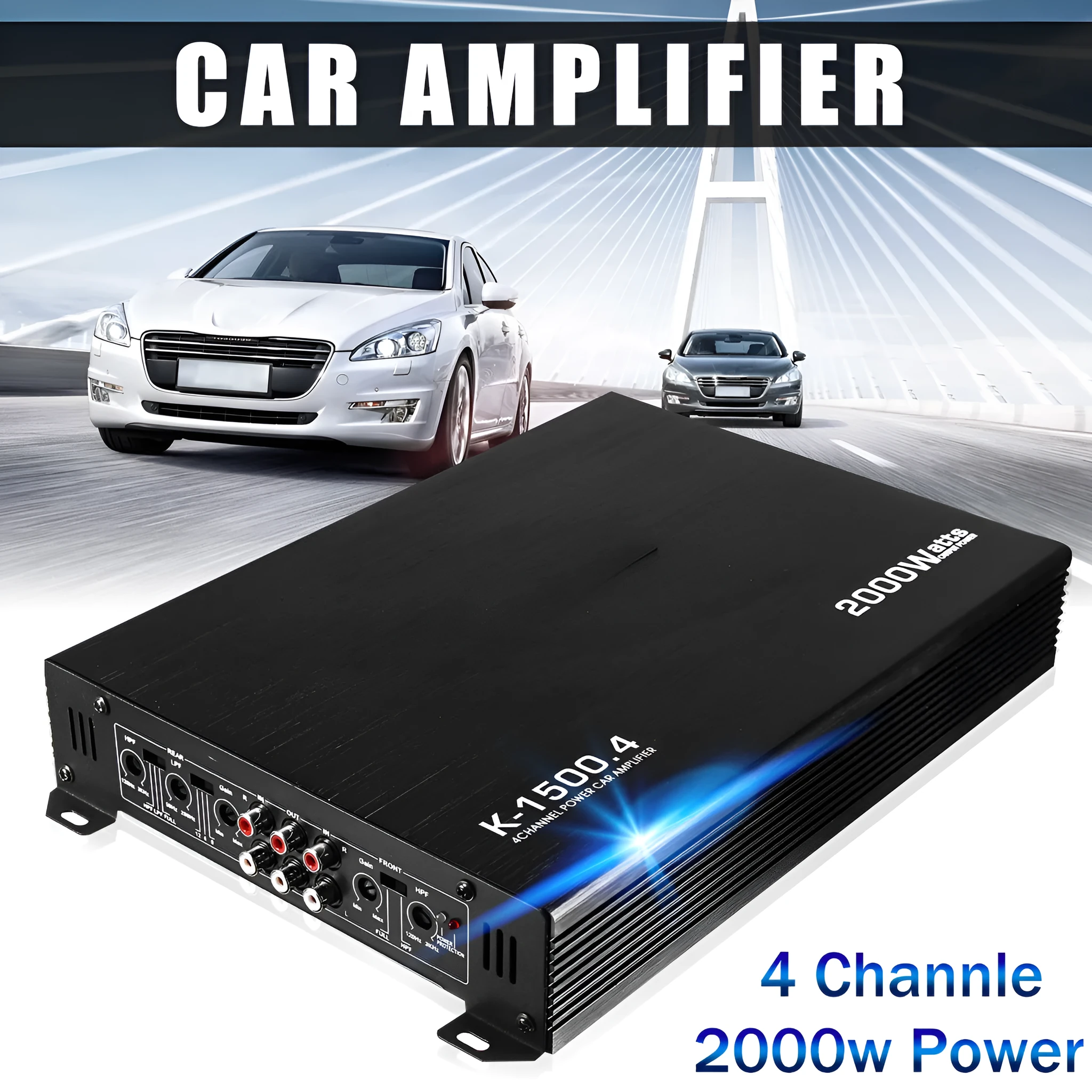 12V 4-channel 2000W AB class car audio power amplifier in black with slim chassis