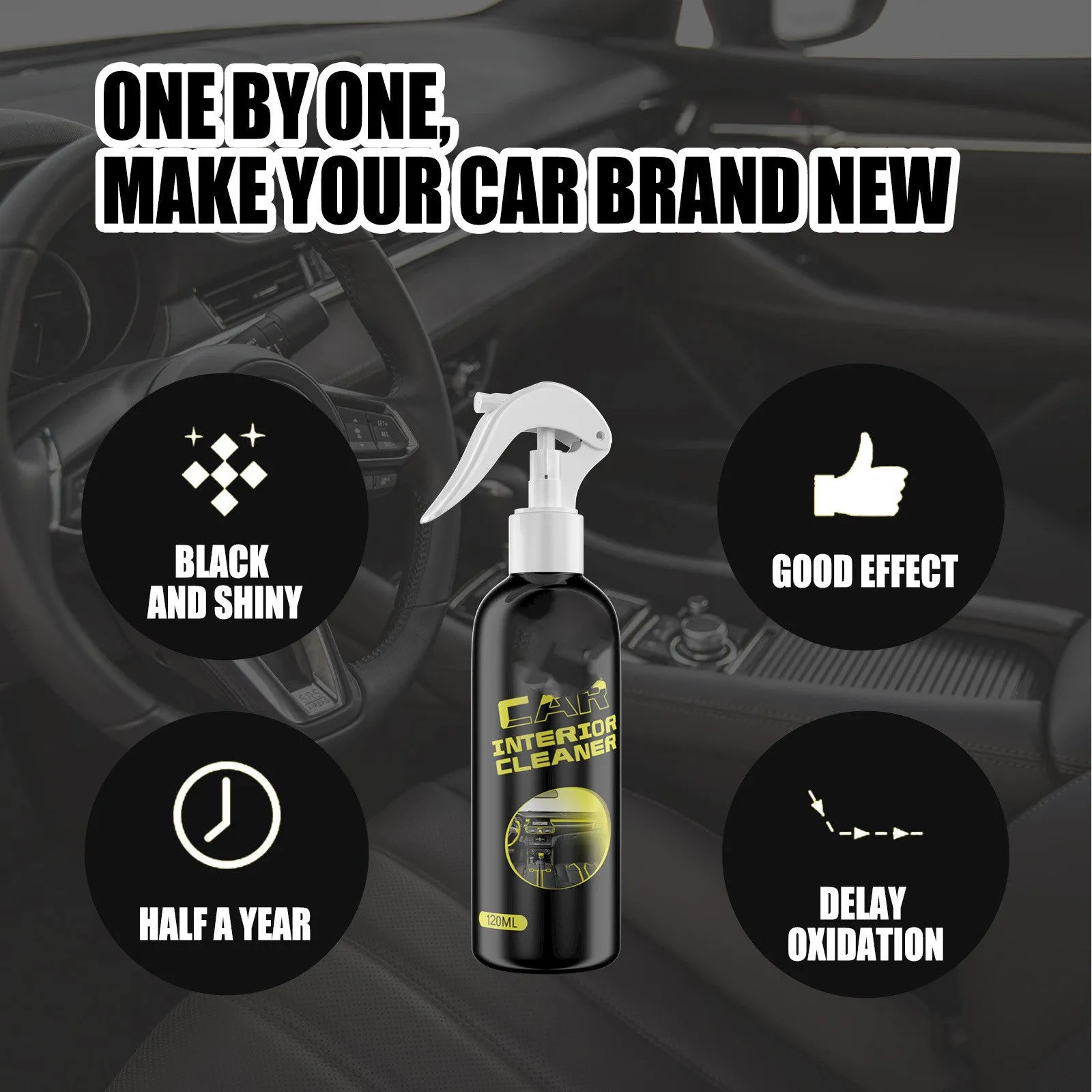 120ml bottle of car interior cleaner for leather and plastic dashboard maintenance
