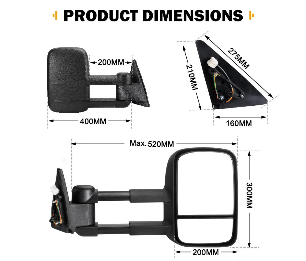 Black foldable rearview mirror pair for Toyota Land Cruiser 100 vehicle.