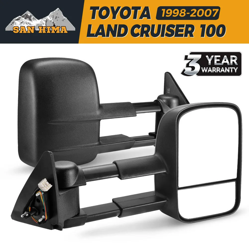 Black foldable rearview mirror pair for Toyota Land Cruiser 100 vehicle.