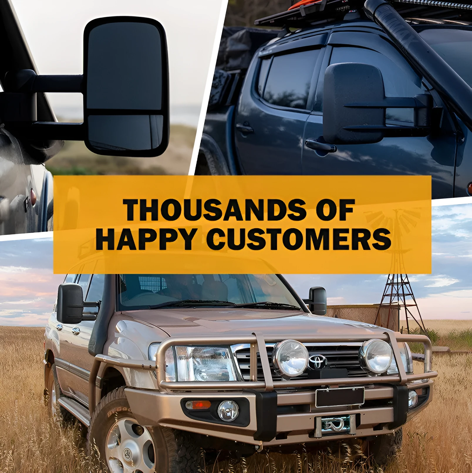 Black foldable rearview mirror pair for Toyota Land Cruiser 100 vehicle.