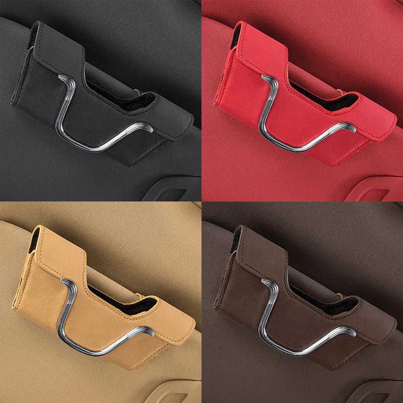 Beige canvas car sun visor glasses case with sunglasses inside, measuring 8cm x 17.5cm