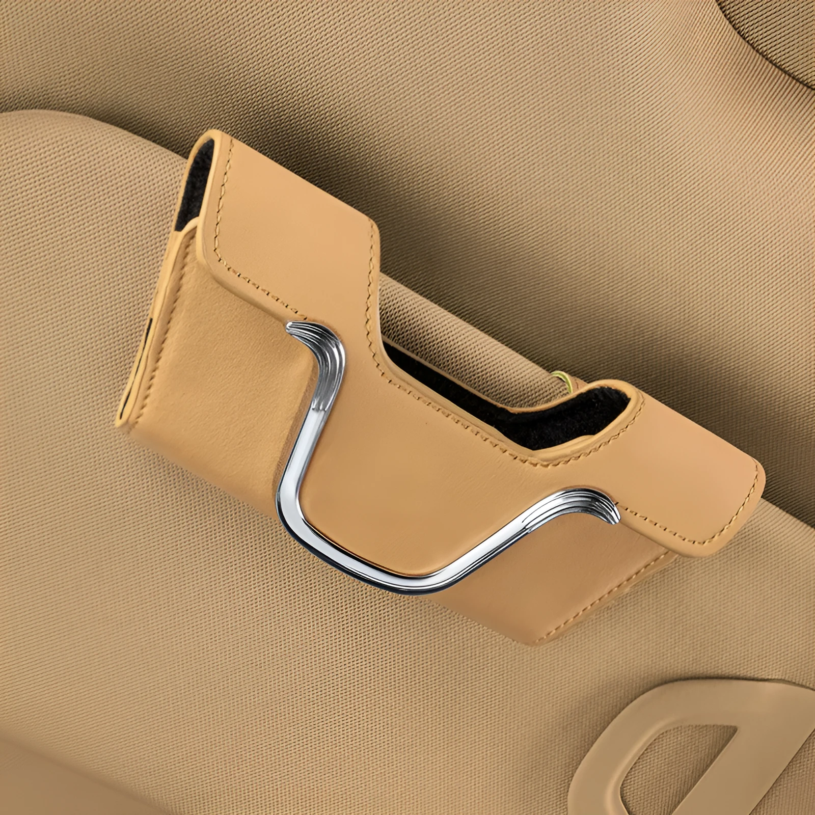 Beige canvas car sun visor glasses case with sunglasses inside, measuring 8cm x 17.5cm
