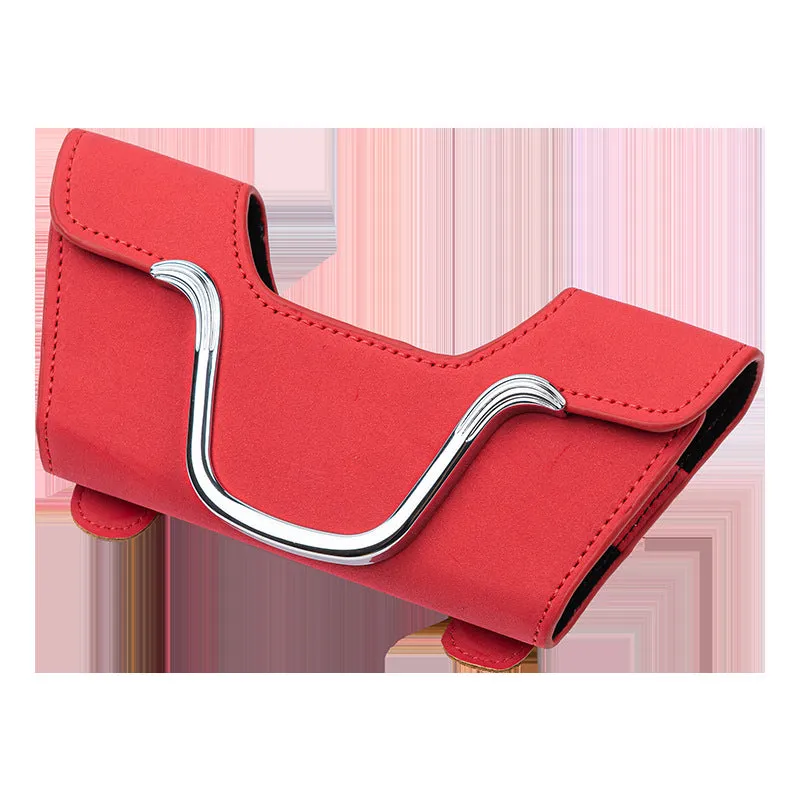 Beige canvas car sun visor glasses case with sunglasses inside, measuring 8cm x 17.5cm