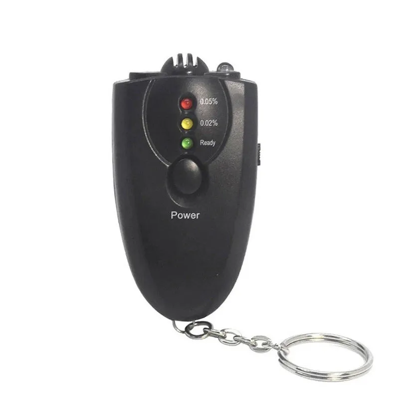 Black portable wine tester with LED display and keychain against a white background
