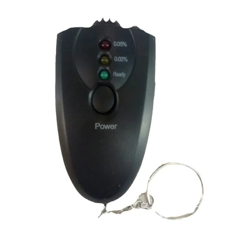 Black portable wine tester with LED display and keychain against a white background