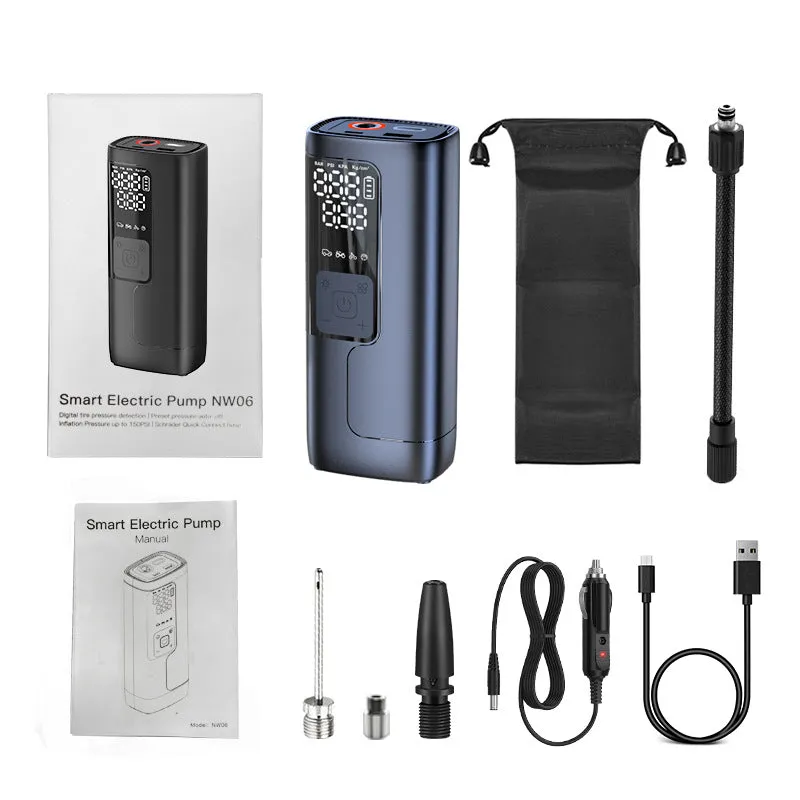 Portable car inflation tool with 5200 lithium battery, tyre pressure gauge, and warning light in an ABS casing.