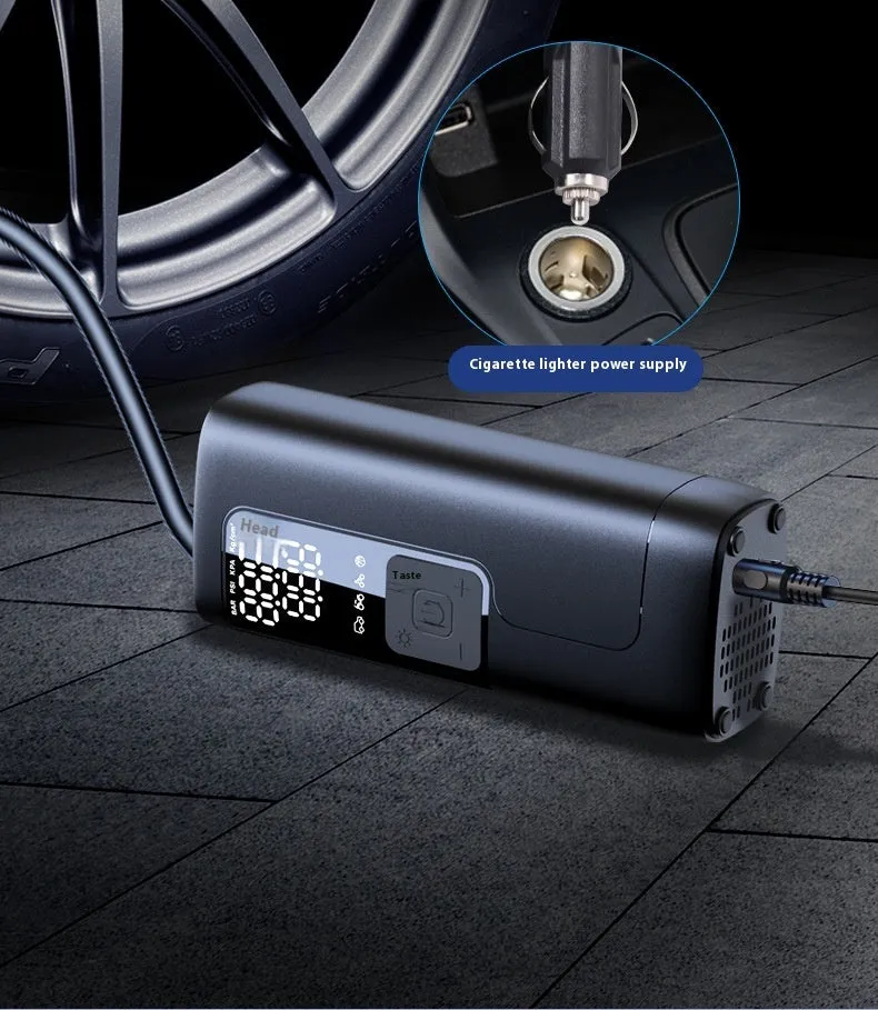 Portable car inflation tool with 5200 lithium battery, tyre pressure gauge, and warning light in an ABS casing.