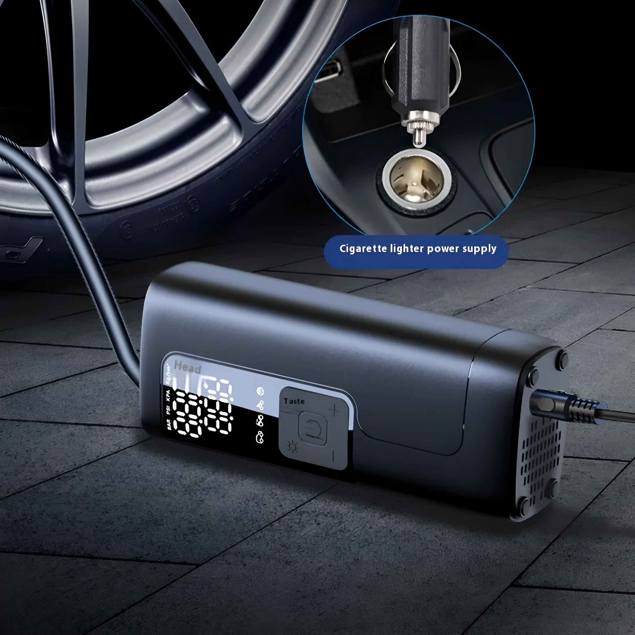 Portable car inflation tool with 5200 lithium battery, tyre pressure gauge, and warning light in an ABS casing.