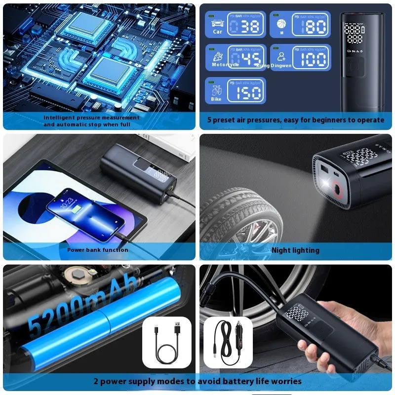 Portable car inflation tool with 5200 lithium battery, tyre pressure gauge, and warning light in an ABS casing.