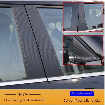 Set of protective films for 2023 Mitsubishi Outlander A, B and C pillar columns in carbon fibre pattern.