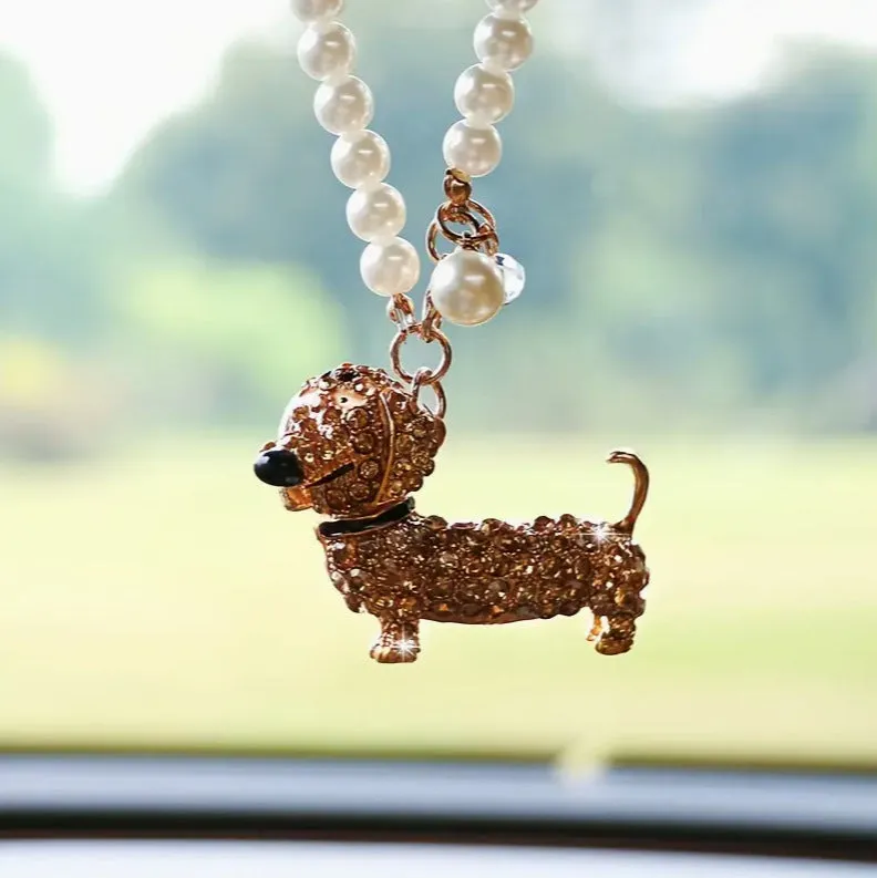 Diamond-embedded dachshund hanging car rearview mirror pendant in alloy light luxury style