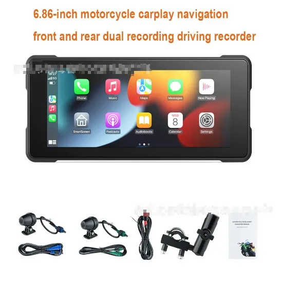 6.86-inch motorcycle driving recorder with IP68 waterproof shell, high brightness IPS touch screen, and dual recording cameras mounted on handlebars