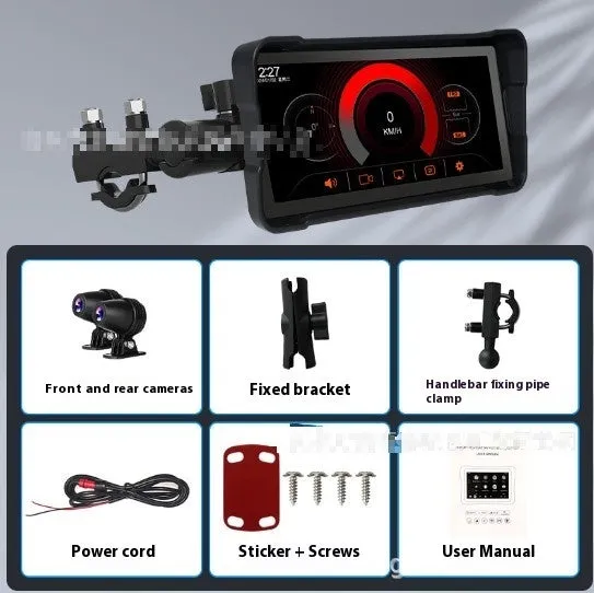 6.86-inch motorcycle driving recorder with IP68 waterproof shell, high brightness IPS touch screen, and dual recording cameras mounted on handlebars