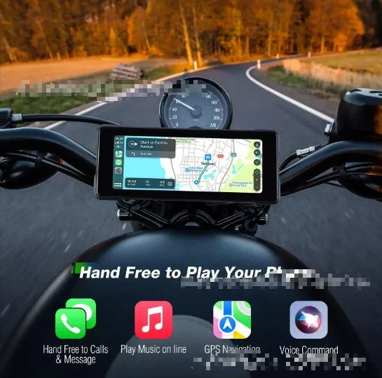 6.86-inch motorcycle driving recorder with IP68 waterproof shell, high brightness IPS touch screen, and dual recording cameras mounted on handlebars