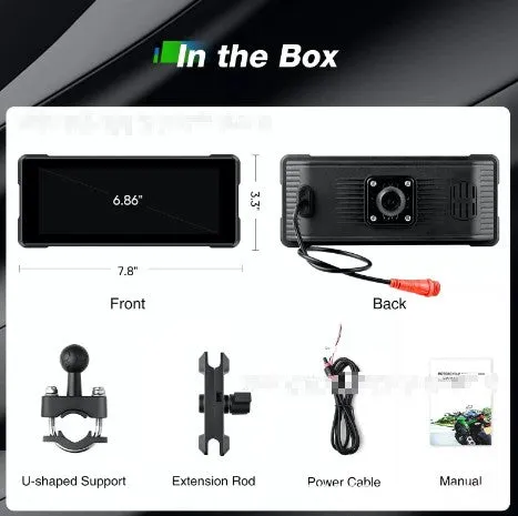 6.86-inch motorcycle driving recorder with IP68 waterproof shell, high brightness IPS touch screen, and dual recording cameras mounted on handlebars