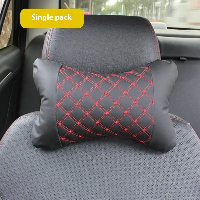 Car Electric Massage Lumbar Support Pillow Interior Decoration PU Leather with Latex Filler Four Seasons Universal Black Ribbon Red Line or Black White Line Red Wine Headrest Pair Bag Single Bag Options