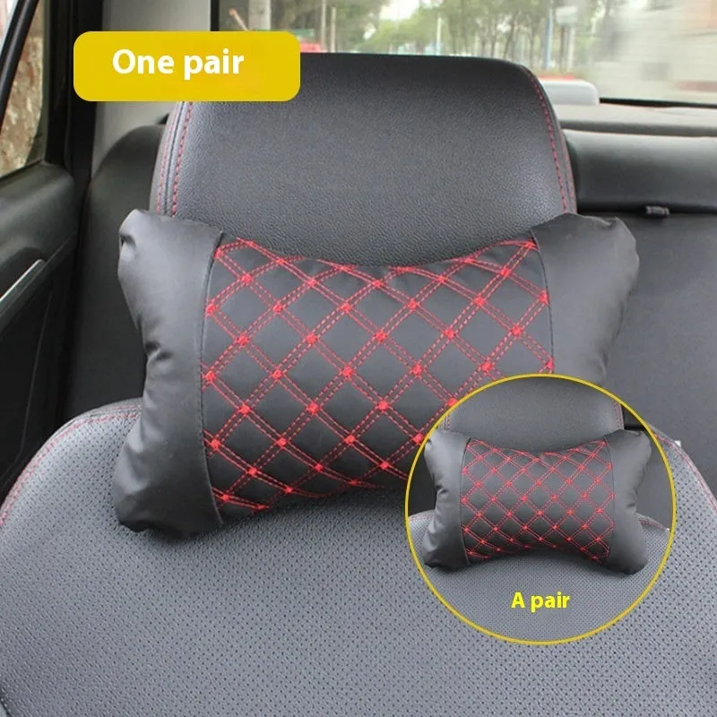 Car Electric Massage Lumbar Support Pillow Interior Decoration PU Leather with Latex Filler Four Seasons Universal Black Ribbon Red Line or Black White Line Red Wine Headrest Pair Bag Single Bag Options
