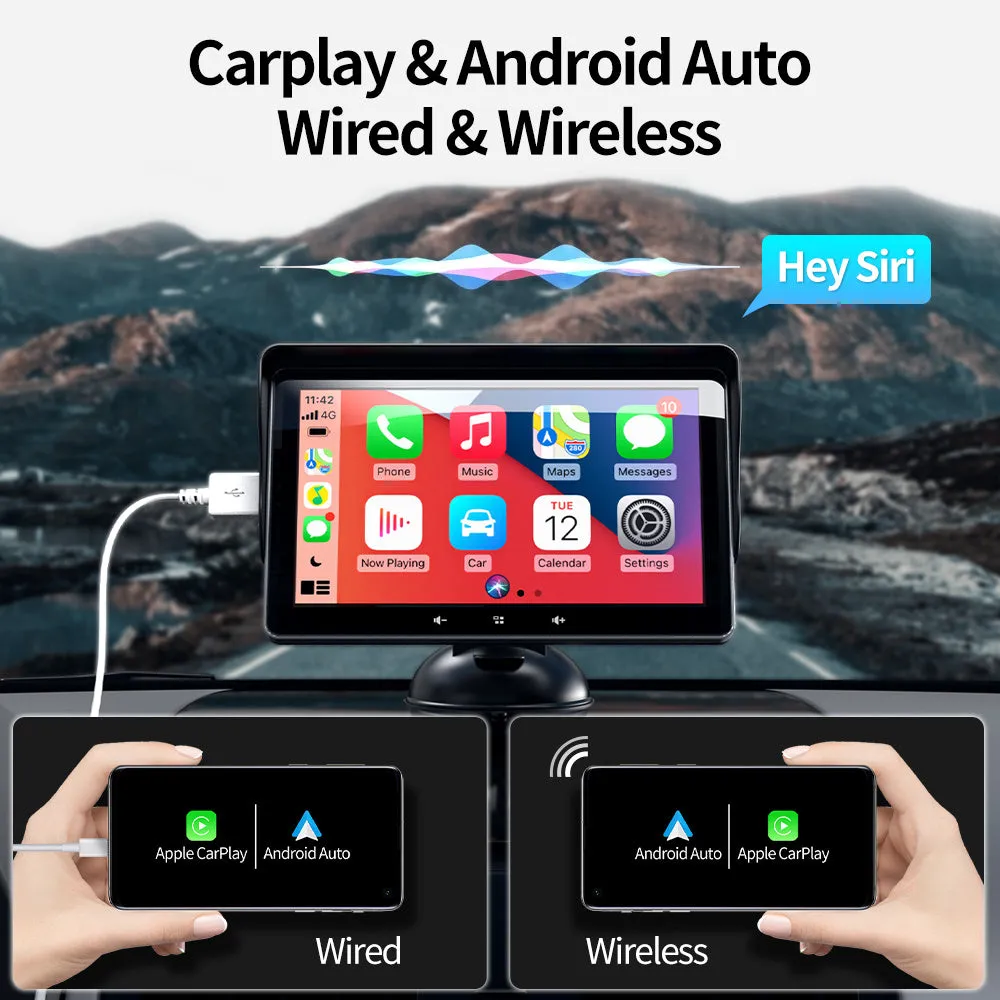 7-inch universal car wireless CarPlay display with suction cup mount on a windscreen.