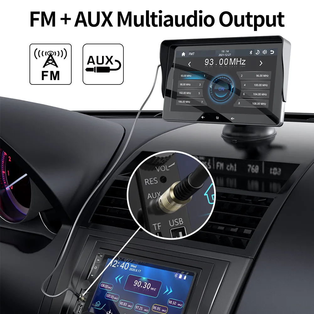 7-inch universal car wireless CarPlay display with suction cup mount on a windscreen.