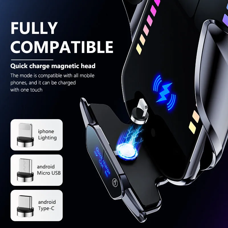 Car mobile phone holder with 15W wireless charging pad and electric clamping mechanism.
