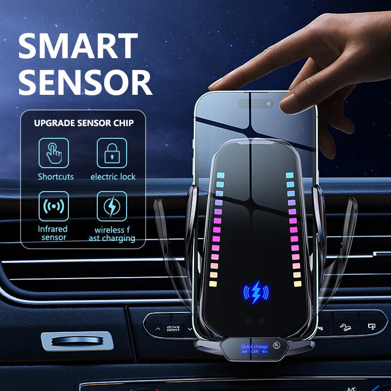 Car mobile phone holder with 15W wireless charging pad and electric clamping mechanism.