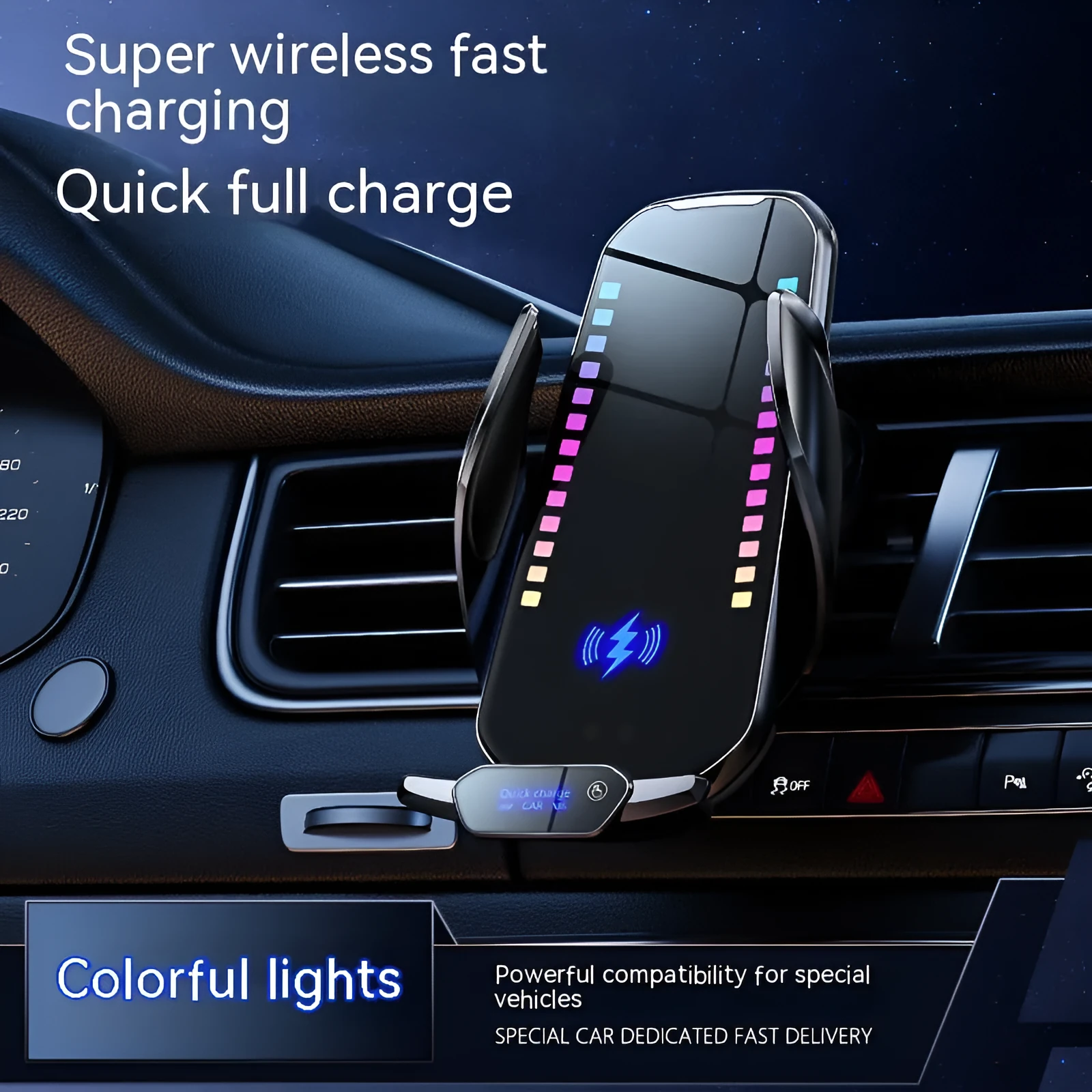 Car mobile phone holder with 15W wireless charging pad and electric clamping mechanism.