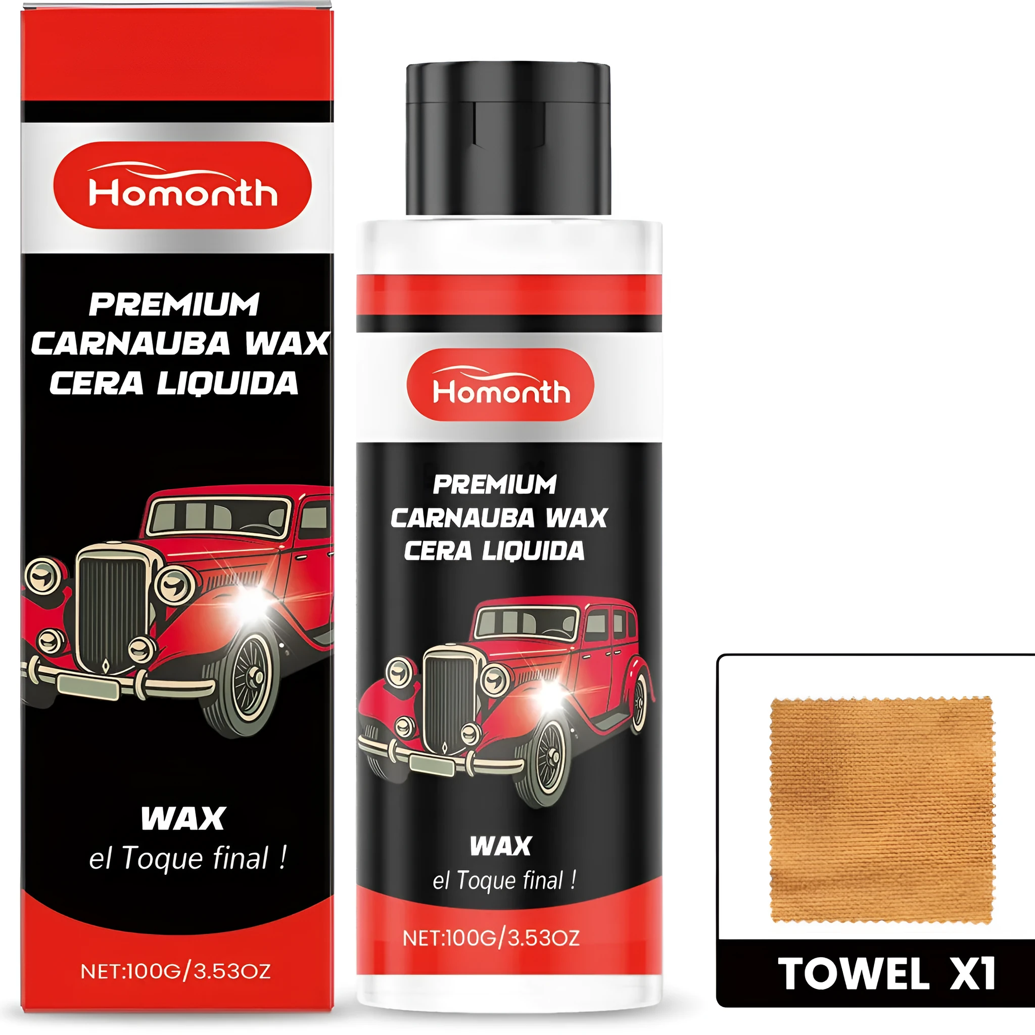 100g tub of premium carnauba polishing wax with a white towel for car detailing paint protection