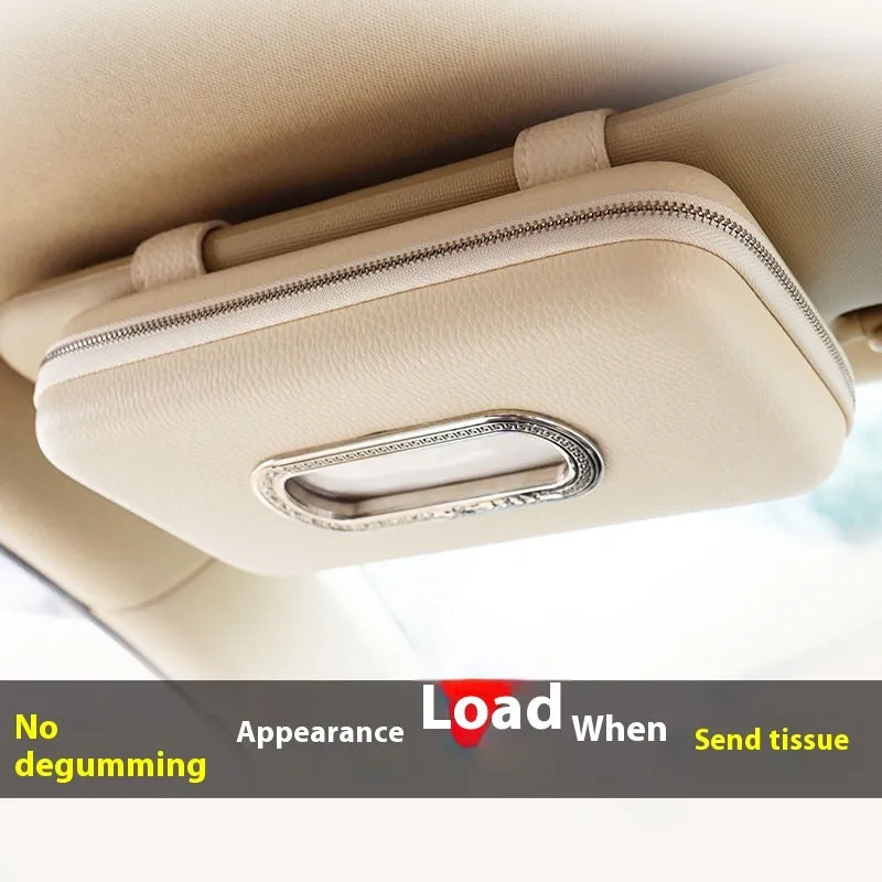 PU leather hanging car tissue box in beige diamond colour, designed for vehicle interior storage