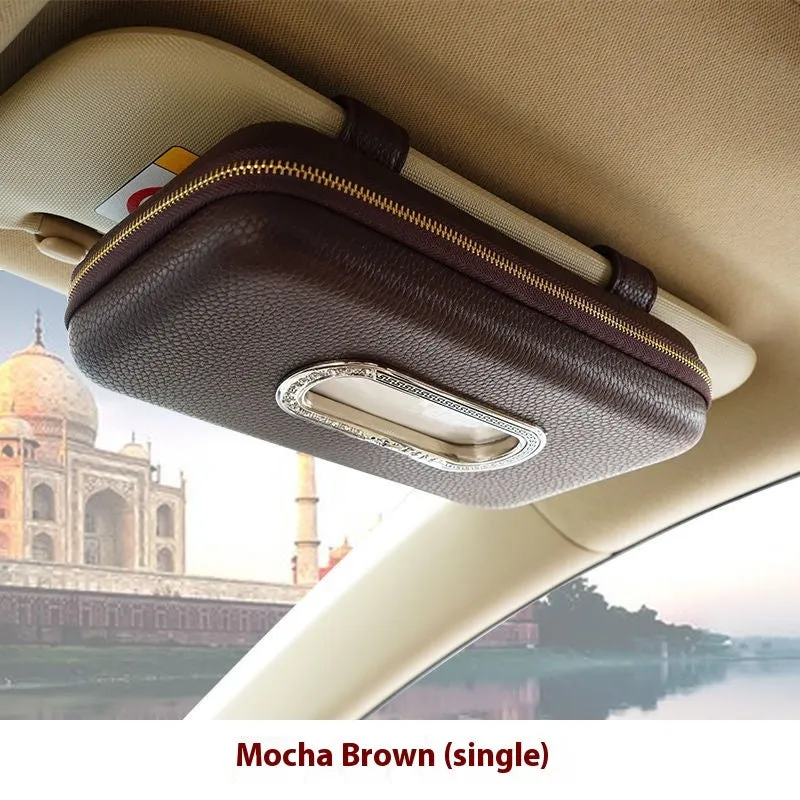 PU leather hanging car tissue box in beige diamond colour, designed for vehicle interior storage