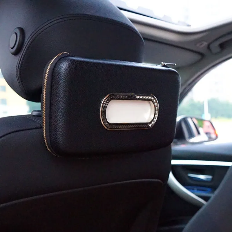 PU leather hanging car tissue box in beige diamond colour, designed for vehicle interior storage