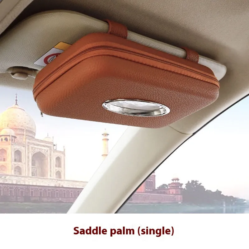 PU leather hanging car tissue box in beige diamond colour, designed for vehicle interior storage