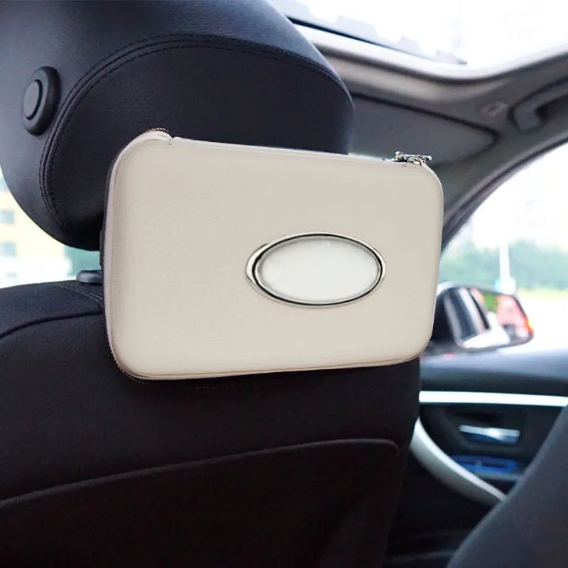 PU leather hanging car tissue box in beige diamond colour, designed for vehicle interior storage