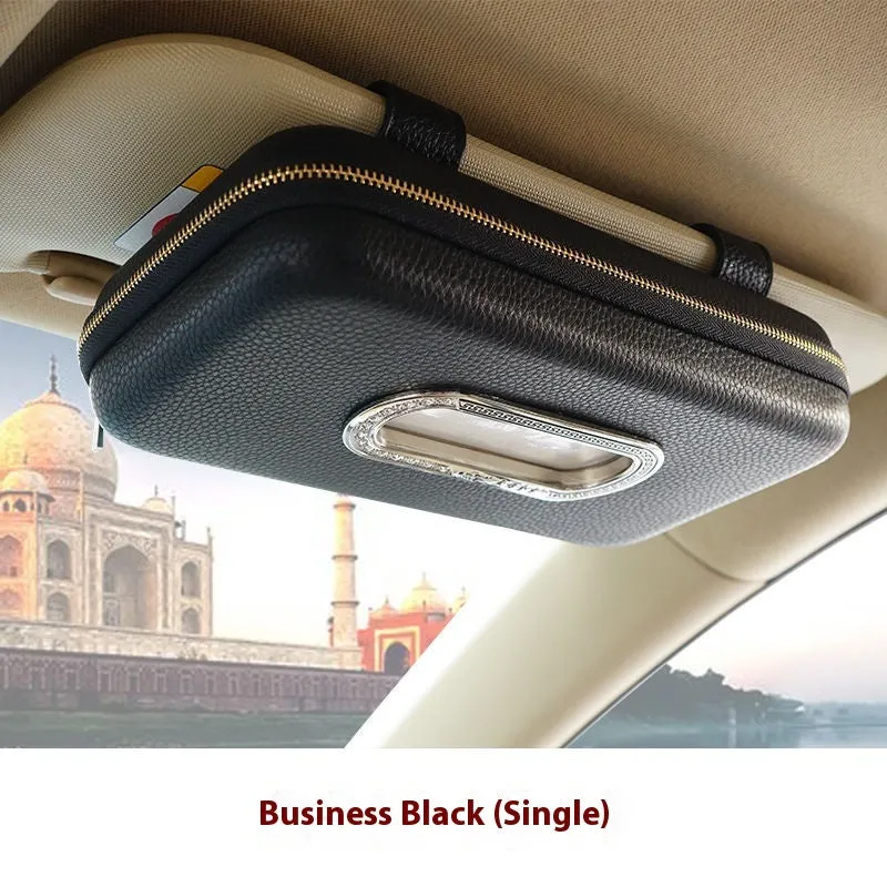 PU leather hanging car tissue box in beige diamond colour, designed for vehicle interior storage