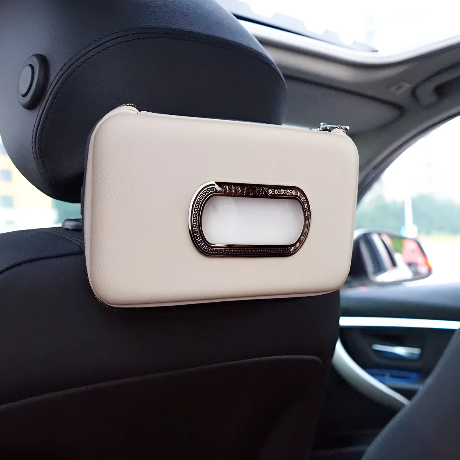 PU leather hanging car tissue box in beige diamond colour, designed for vehicle interior storage