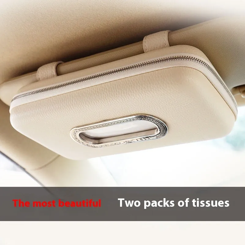 PU leather hanging car tissue box in beige diamond colour, designed for vehicle interior storage