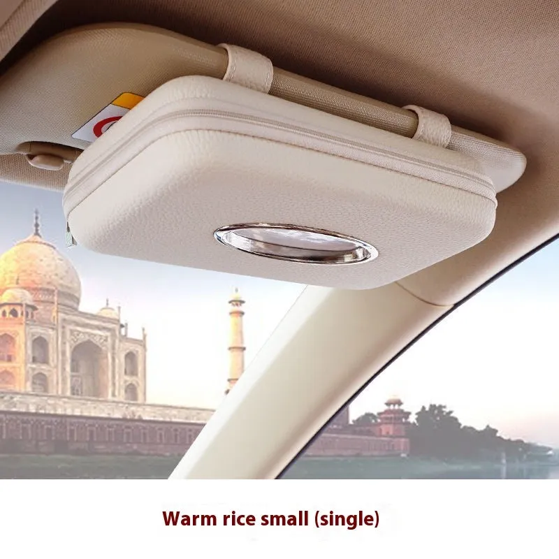 PU leather hanging car tissue box in beige diamond colour, designed for vehicle interior storage