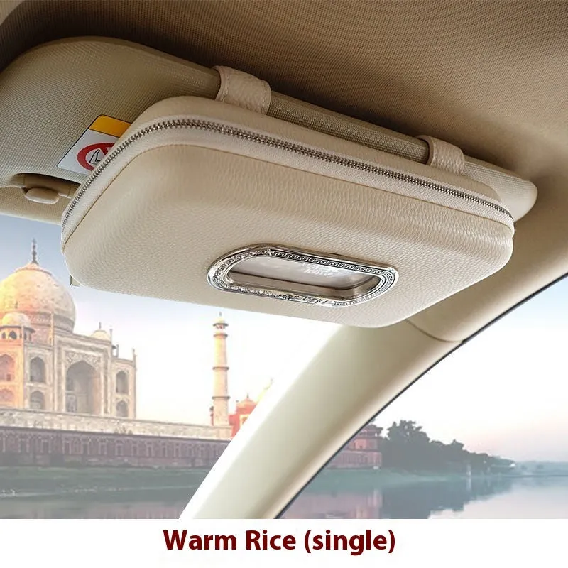 PU leather hanging car tissue box in beige diamond colour, designed for vehicle interior storage