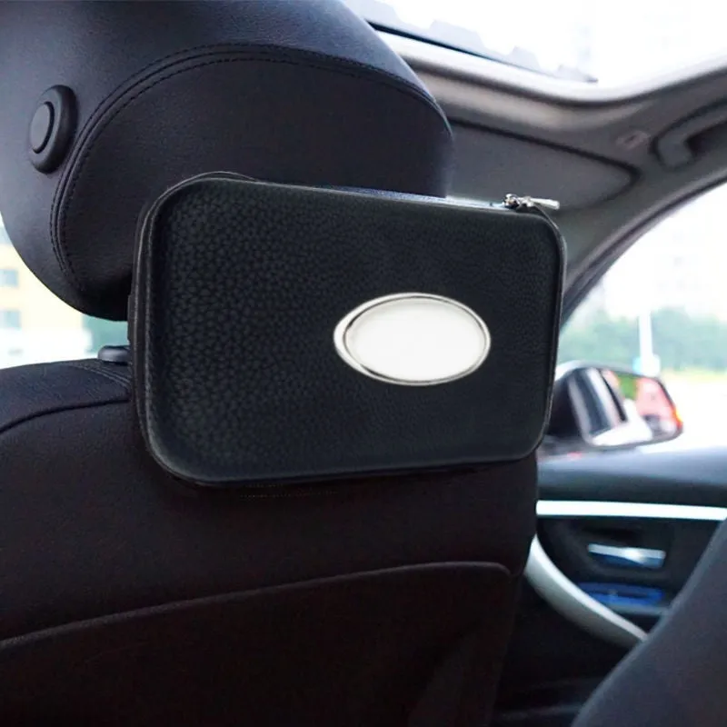 PU leather hanging car tissue box in beige diamond colour, designed for vehicle interior storage