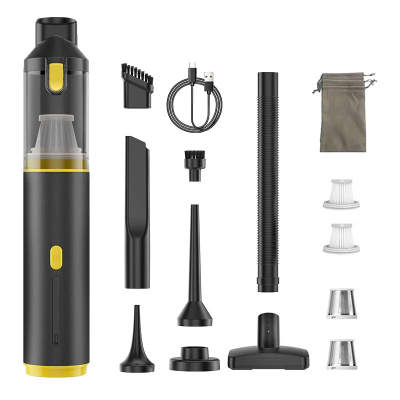 High-power rechargeable car vacuum cleaner in black with multiple nozzle brush heads and charging cable