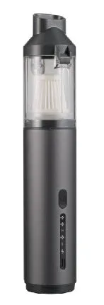 High-power rechargeable car vacuum cleaner in black with multiple nozzle brush heads and charging cable