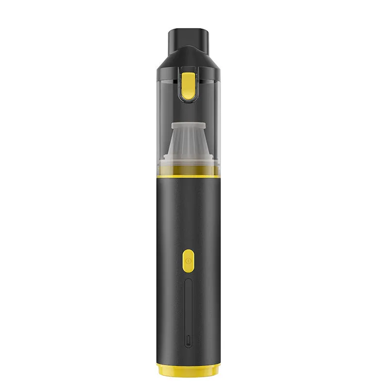 High-power rechargeable car vacuum cleaner in black with multiple nozzle brush heads and charging cable