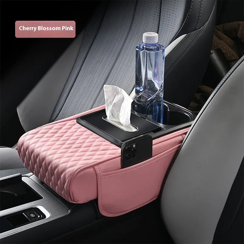 Multi-functional leather armrest box mat for car in beige colour with storage compartments, 35x19.5x7cm