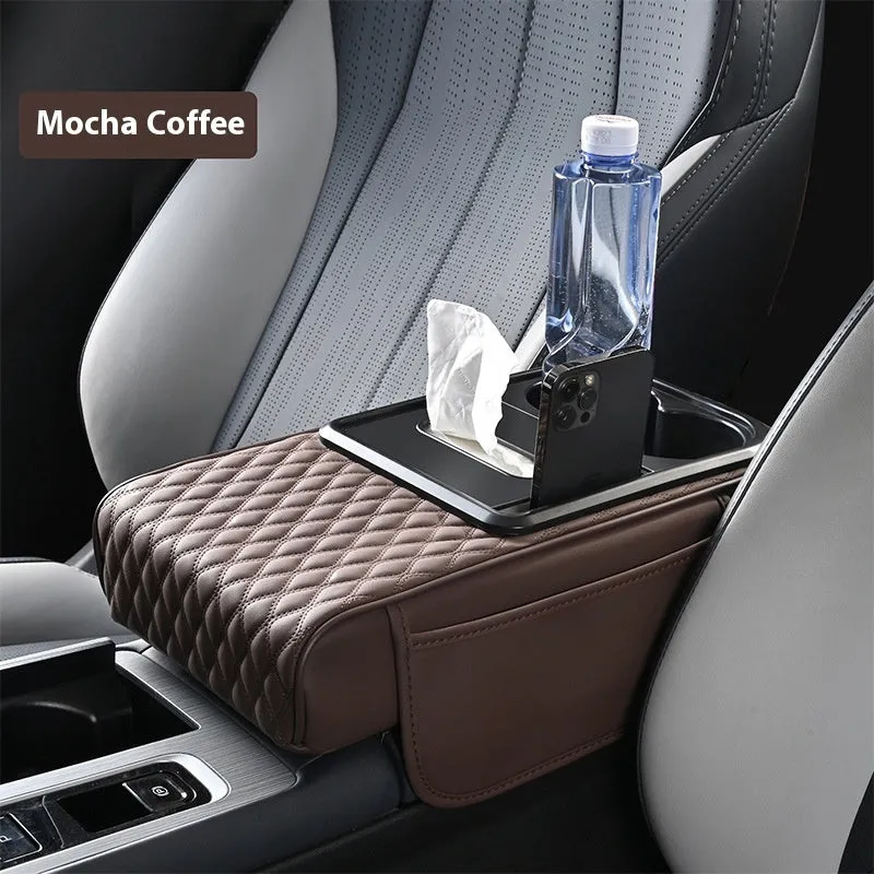 Multi-functional leather armrest box mat for car in beige colour with storage compartments, 35x19.5x7cm