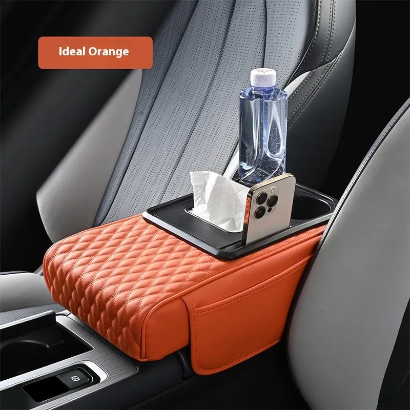 Multi-functional leather armrest box mat for car in beige colour with storage compartments, 35x19.5x7cm