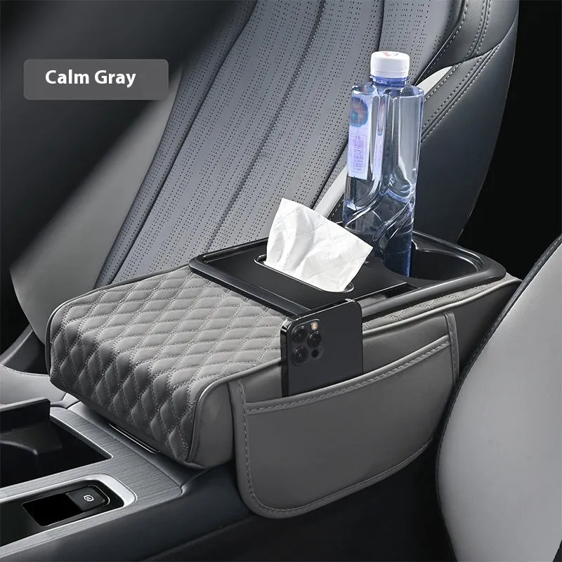 Multi-functional leather armrest box mat for car in beige colour with storage compartments, 35x19.5x7cm